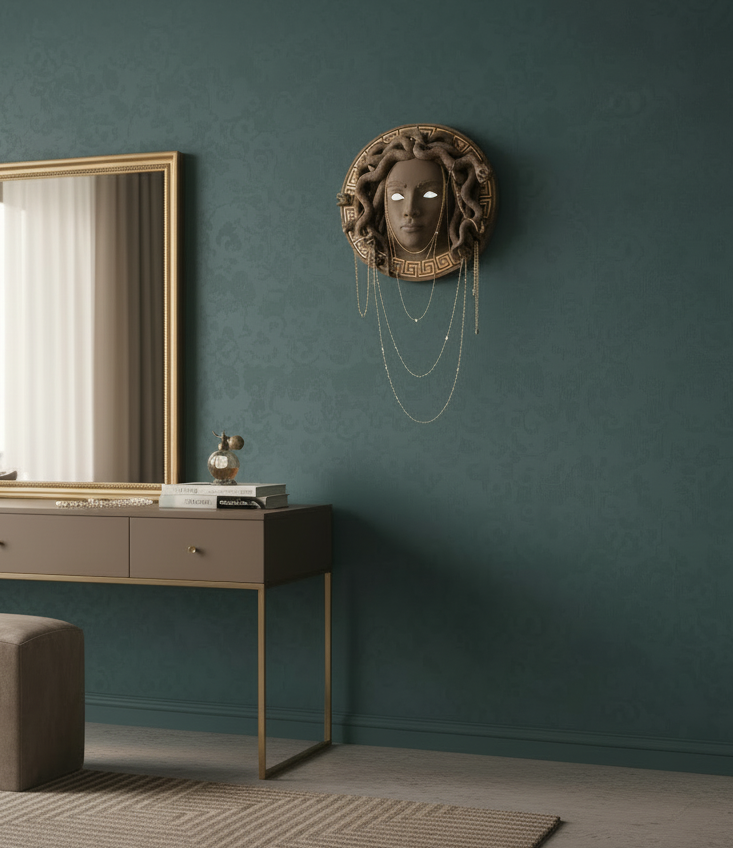 Medusa Duvar Dekoru & Işıklı Takı Tutucu – Mitolojik Sanat ve Fonksiyonelliğin Buluşması